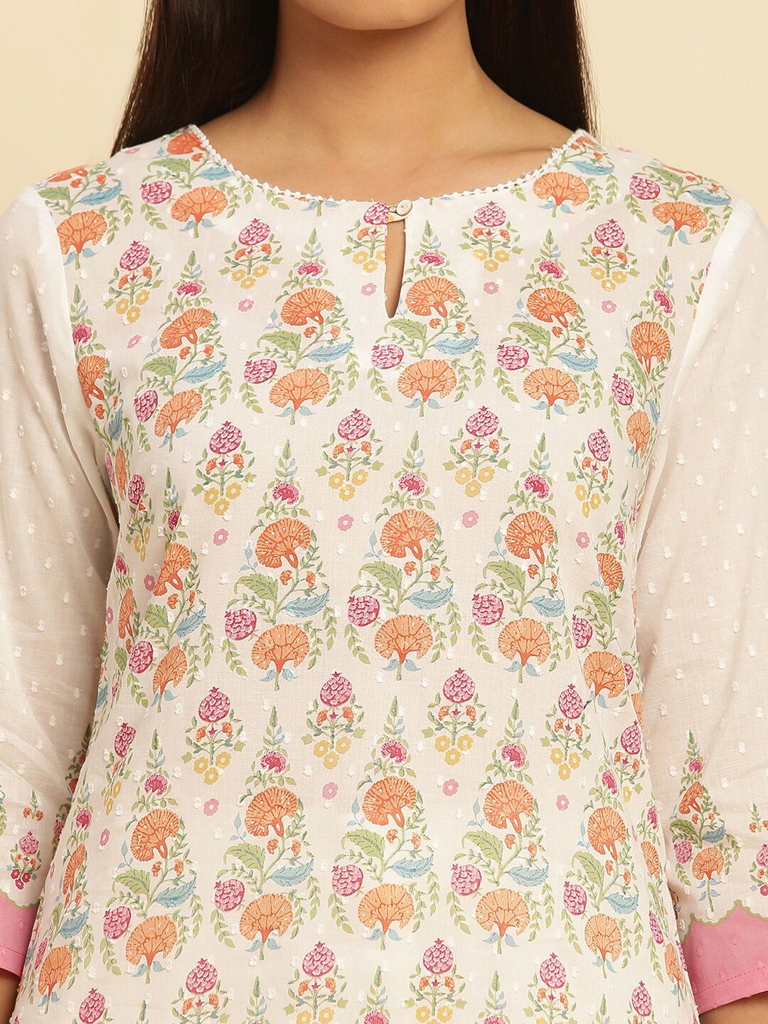 W Ethnic Motifs Printed Keyhole Neck Pure Cotton Straight Kurta