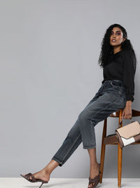 SASSAFRAS Women Navy Blue Regular Fit High-Rise Clean Look Cropped Jeans