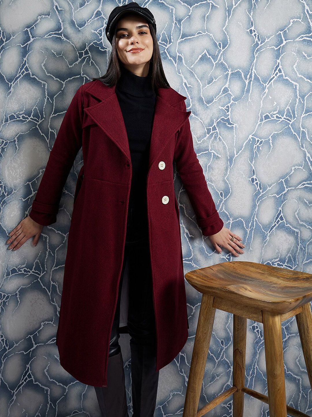 Athena Maroon Notched Lapel Collar Woollen Single Breasted Trench Coat