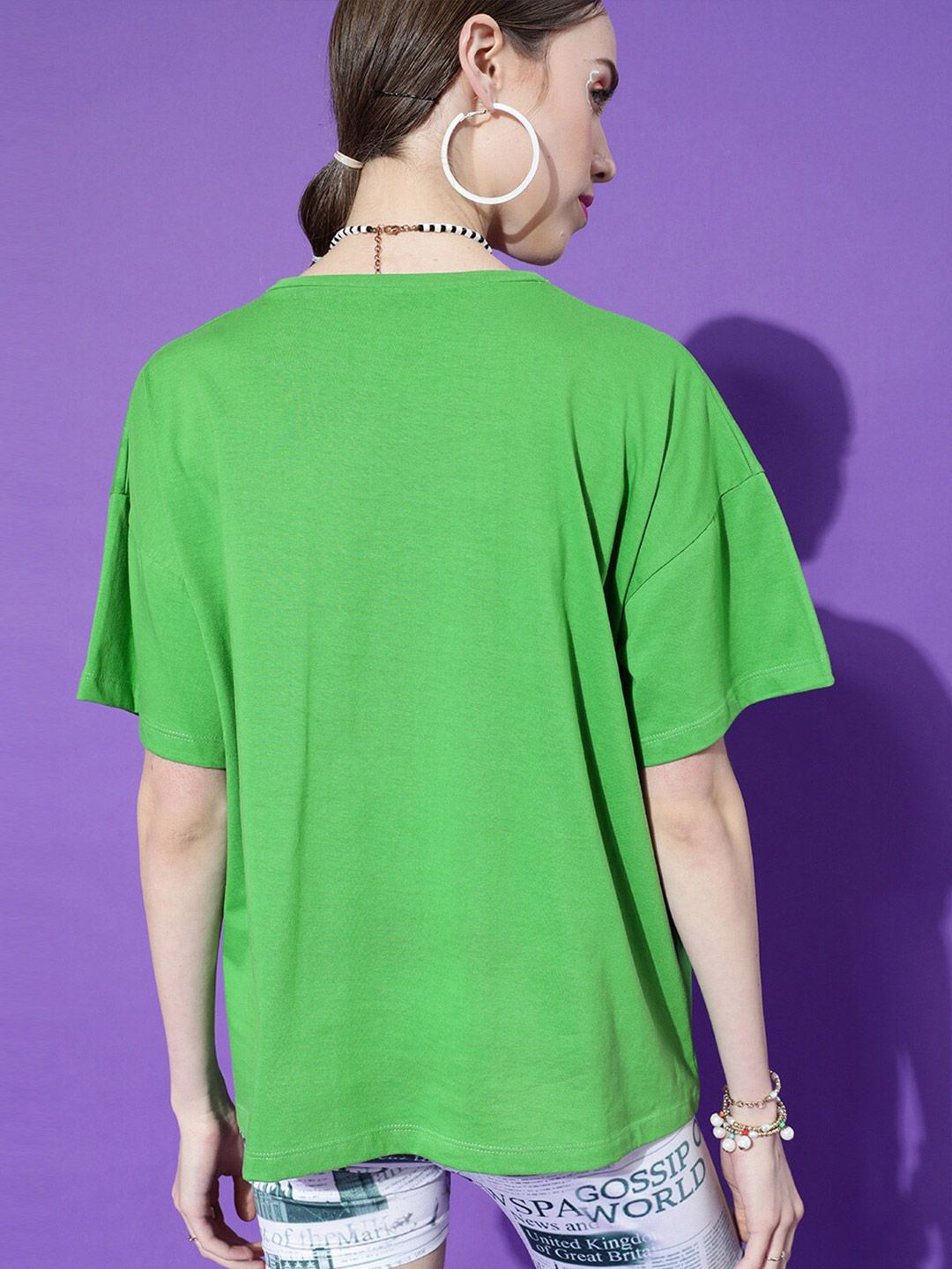 STREET 9 Women Green Typography Printed Drop-Shoulder Sleeves Oversized Cotton T-shirt