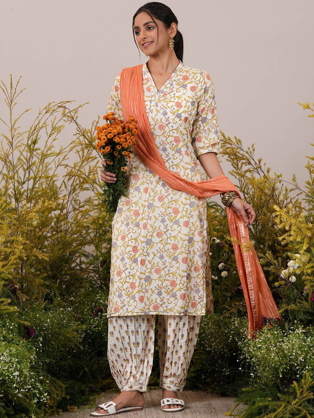 Libas Floral Printed Gotta Patti Pure Cotton Kurta with Salwar & Dupatta