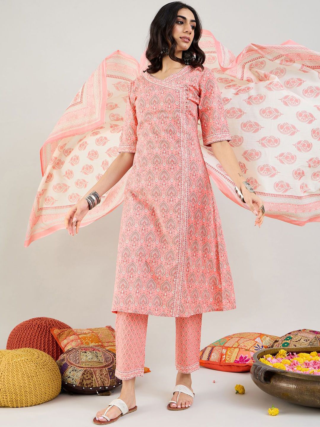 Indo Era Ethnic Motifs Printed Angrakha Pure Cotton Kurta With Trousers & Dupatta