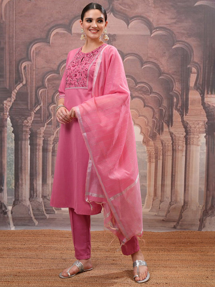 Vishudh Rose Embroidered Straight Kurta with Trouser & Dupatta
