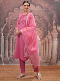 Vishudh Rose Embroidered Straight Kurta with Trouser & Dupatta