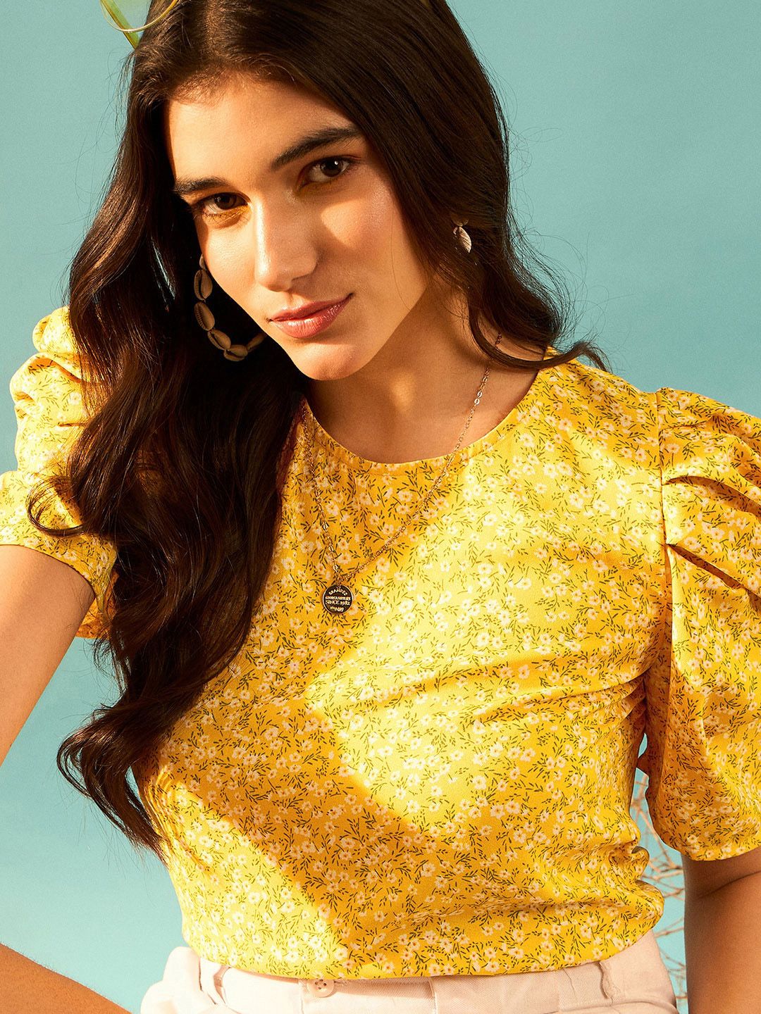 Berrylush Yellow Floral Print Puff Sleeve Top