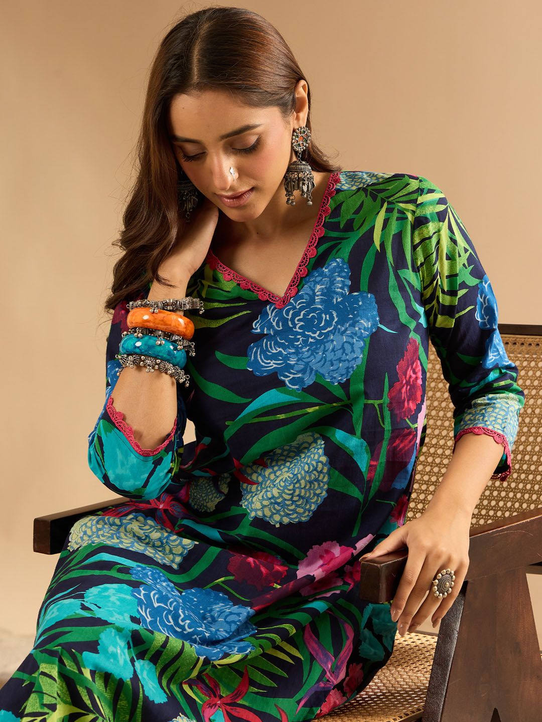Indo Era Women Floral Printed Regular Pure Cotton Kurta with Trousers