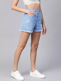SASSAFRAS Women Blue Washed High-Rise Distressed Denim Shorts