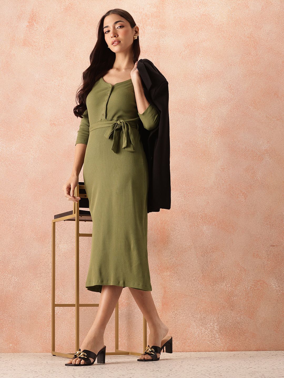 all about you Cotton Ribbed Sheath Midi Dress with Belt