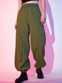 STREET 9 Women Olive Green Piping Loose Fit Joggers