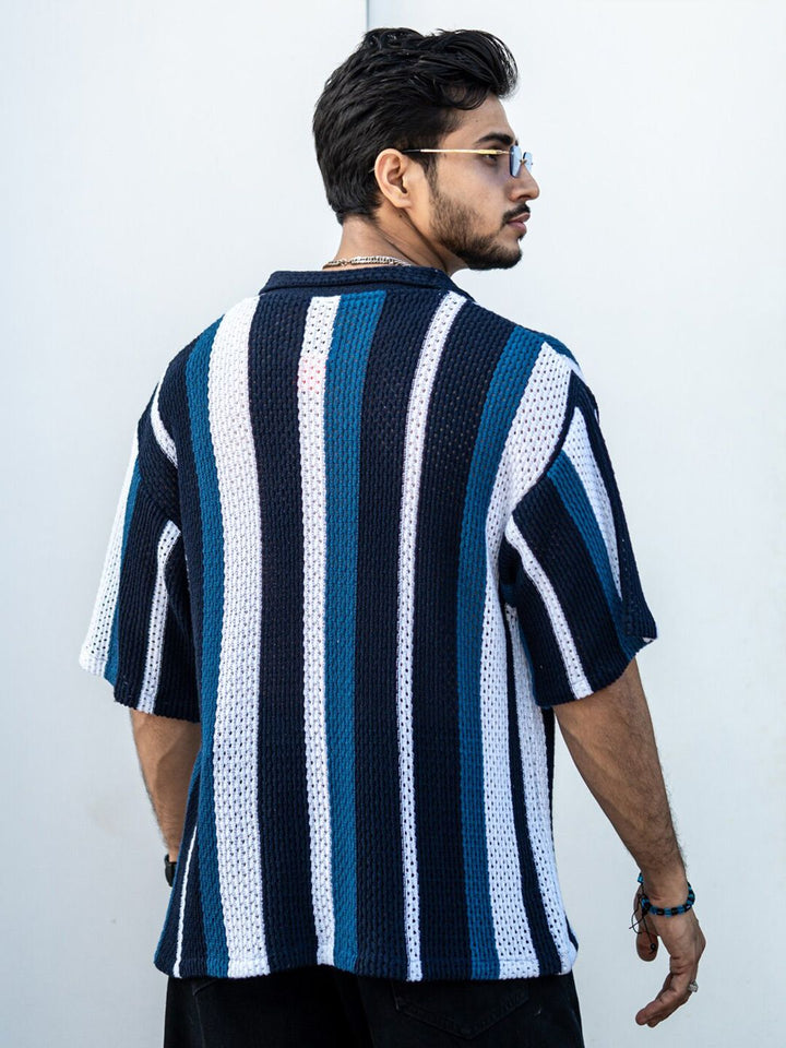 PowerlookIndia Slim Striped Oversized Casual Crochet Shirt