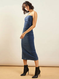 SASSAFRAS Blue Strapless Denim Bodycon Midi Dress