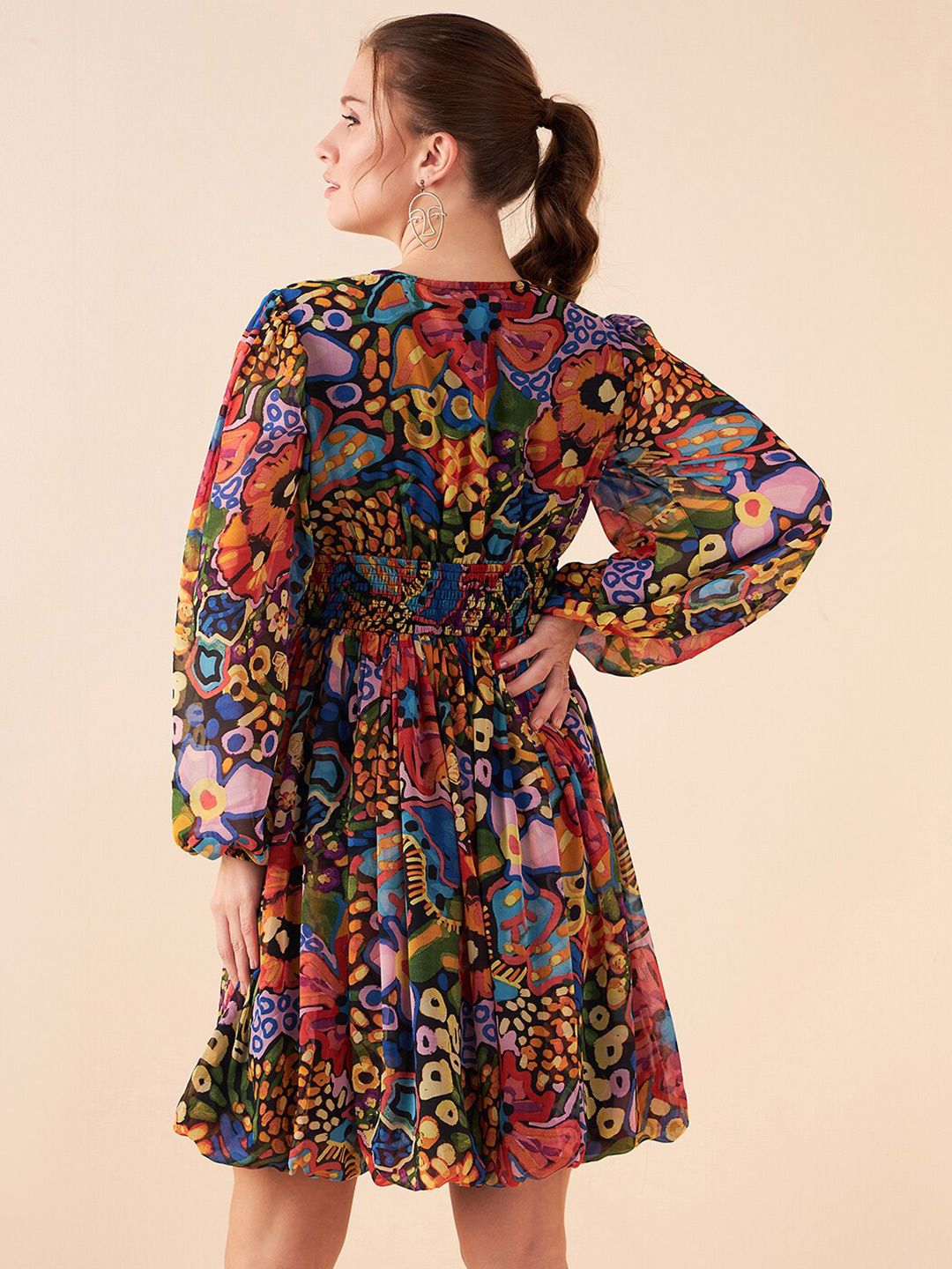 Antheaa Abstract Printed V-Neck Puff Sleeves Fit & Flare Above Knee Dress