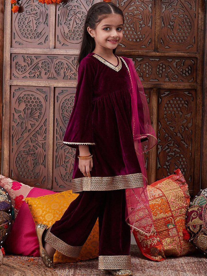pspeaches Girls Gotta Patti Velvet Kurta With Palazzos & Dupatta