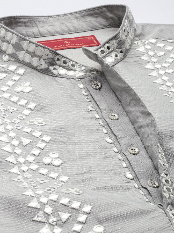 House of Pataudi Geometric Embroidered Mandarin Collar Mirror Work Jashn Kurta