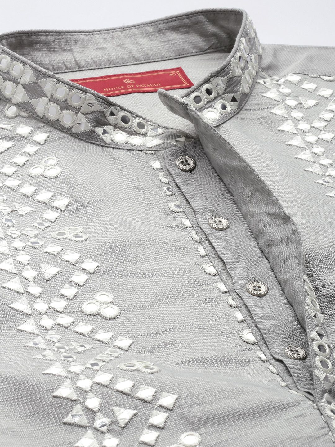 House of Pataudi Geometric Embroidered Mandarin Collar Mirror Work Jashn Kurta