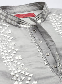 House of Pataudi Geometric Embroidered Mandarin Collar Mirror Work Jashn Kurta