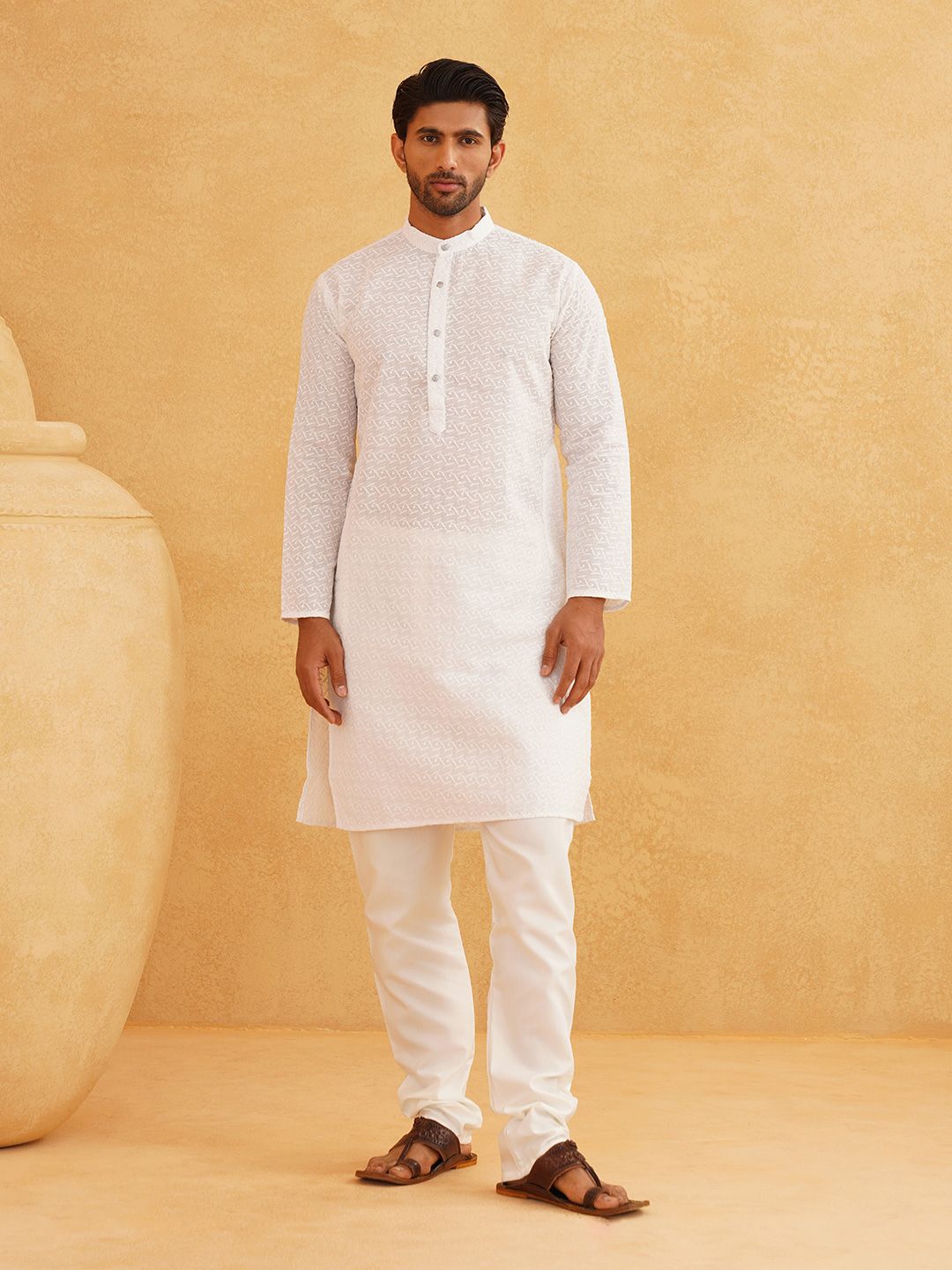 SOJANYA Men White Mirror Work Kurta