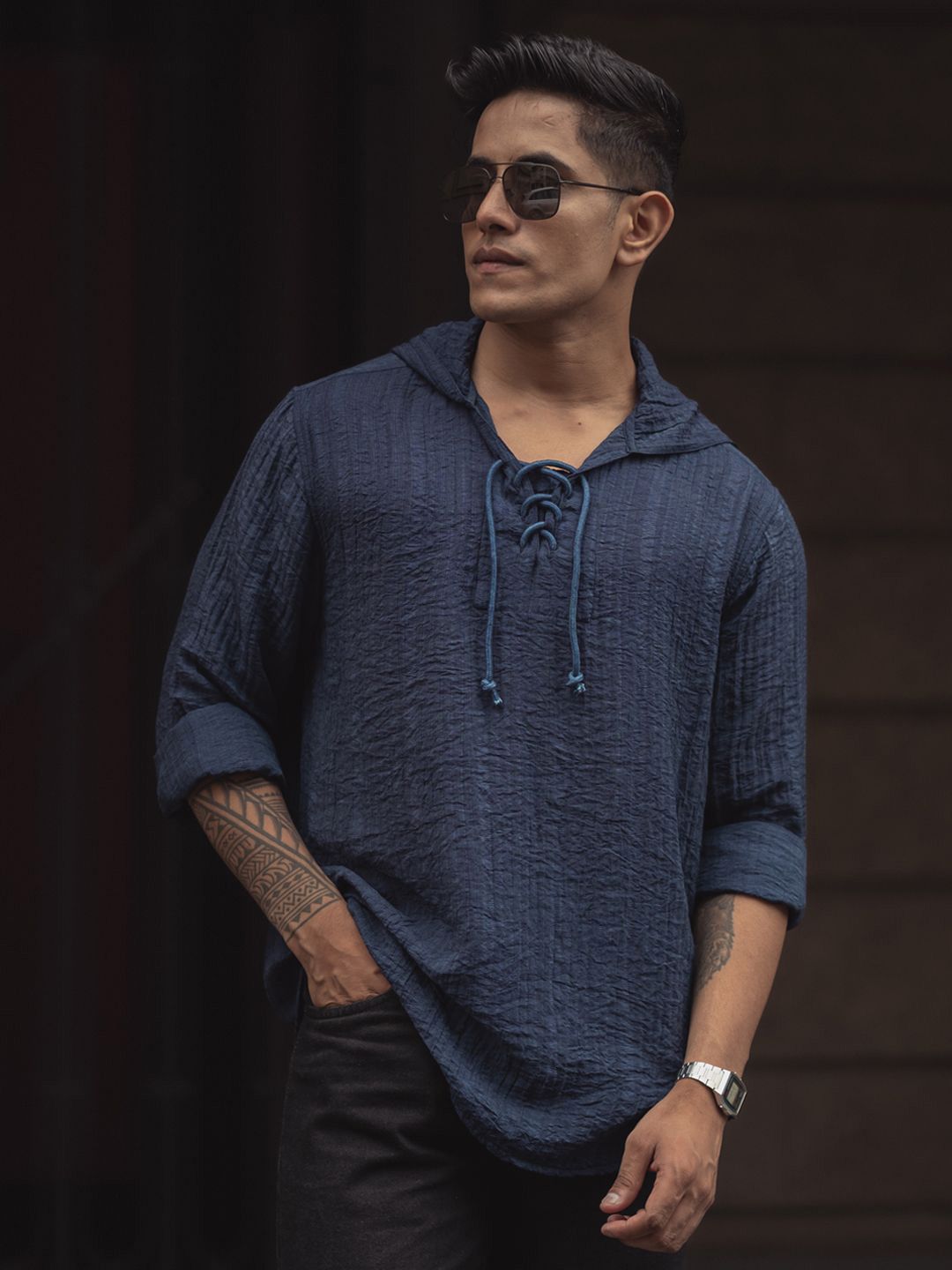 Powerlook Men Self Design Hood Relaxed Fit T-shirt