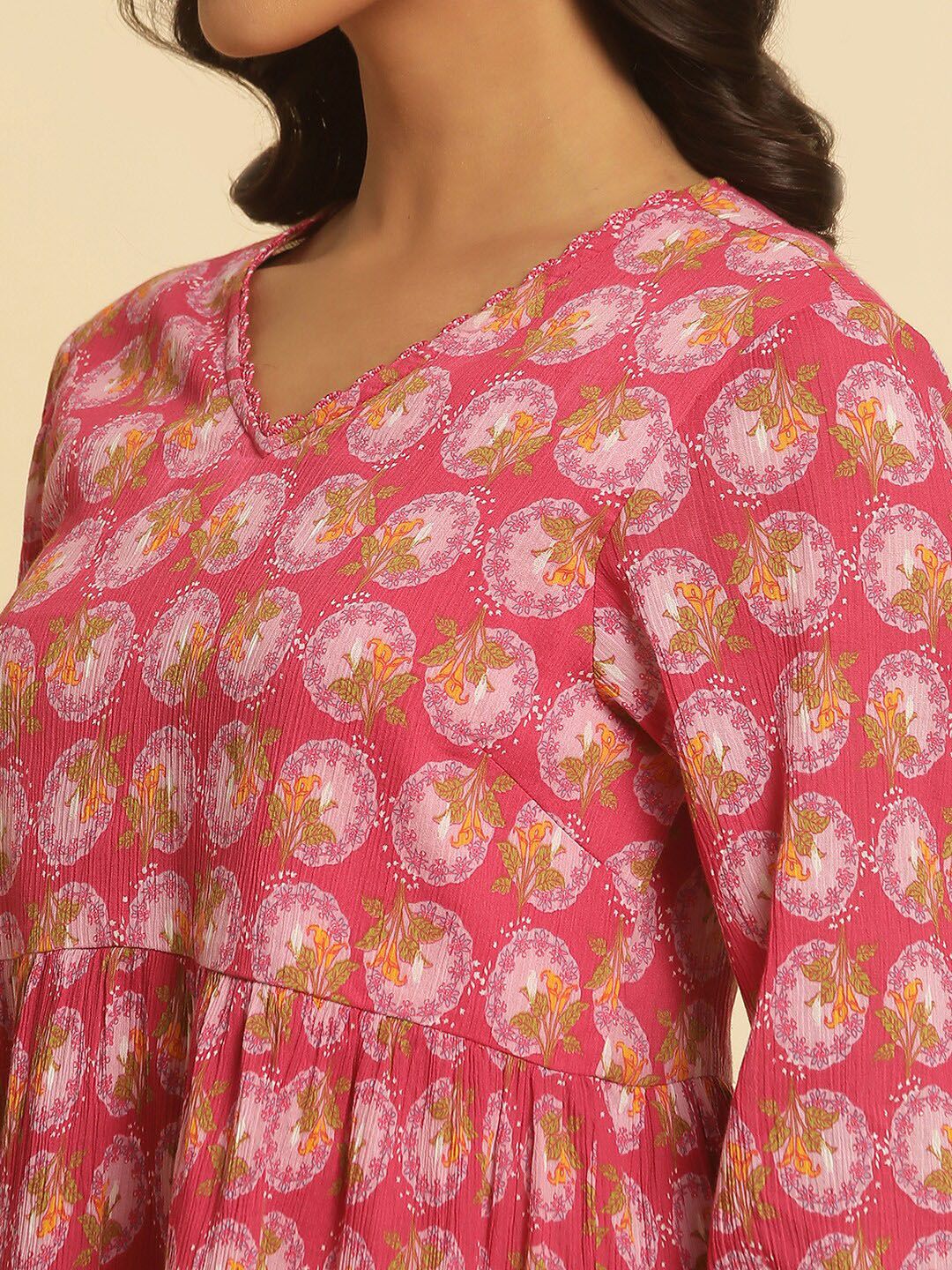 W Floral Printed V-Neck Pure Cotton Top