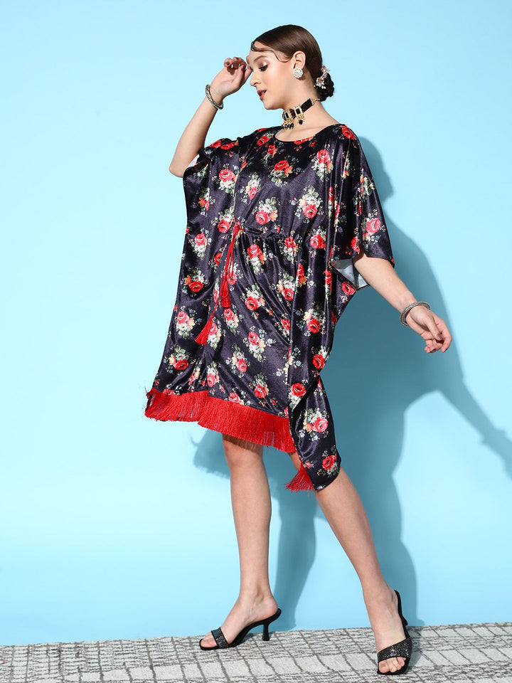 Shae by SASSAFRAS Navy Blue & Red Floral Print Velvet Ethnic Kaftan Dress