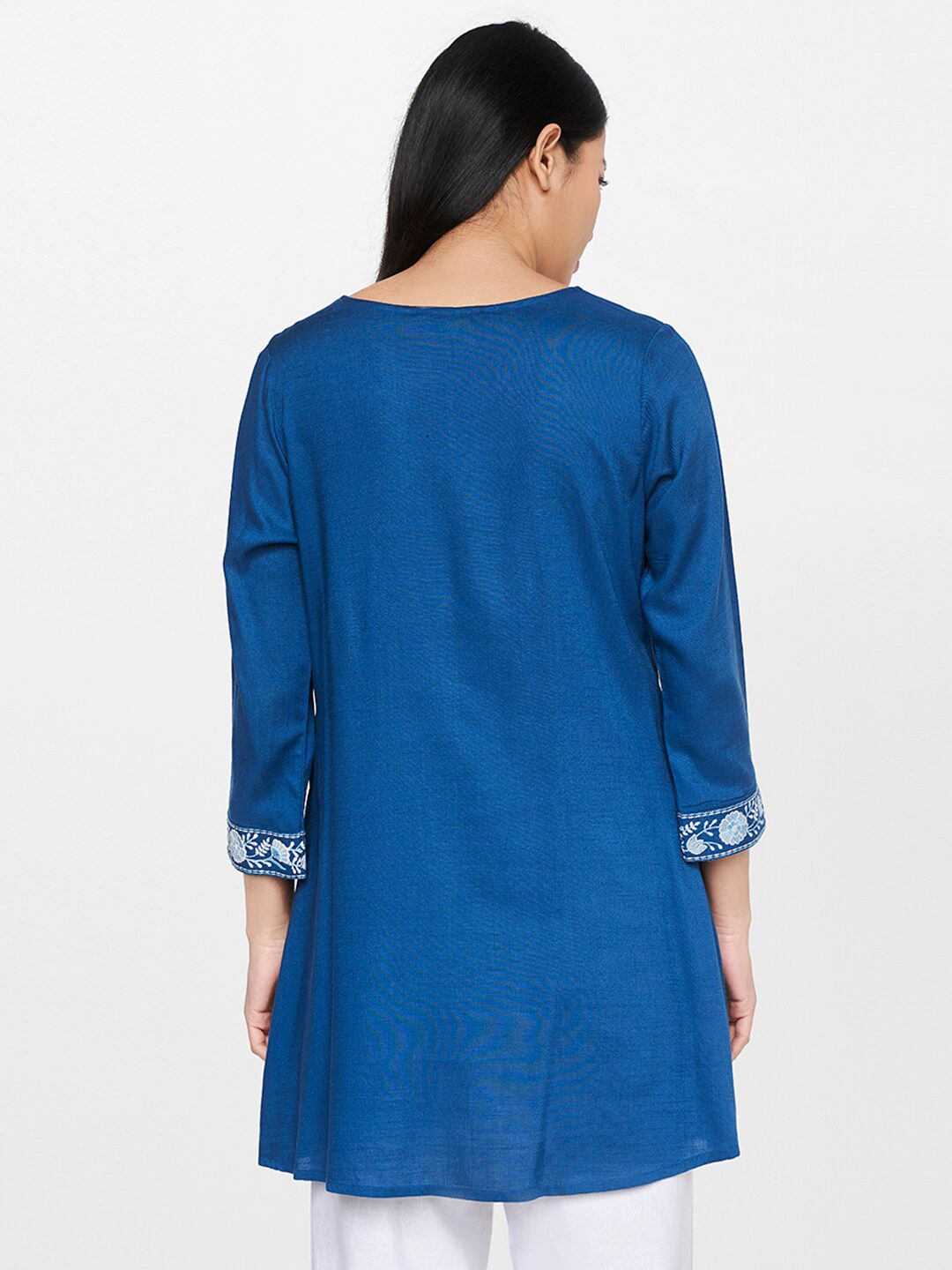 Global Desi Blue & White Viscose Rayon Embroidered Tunic