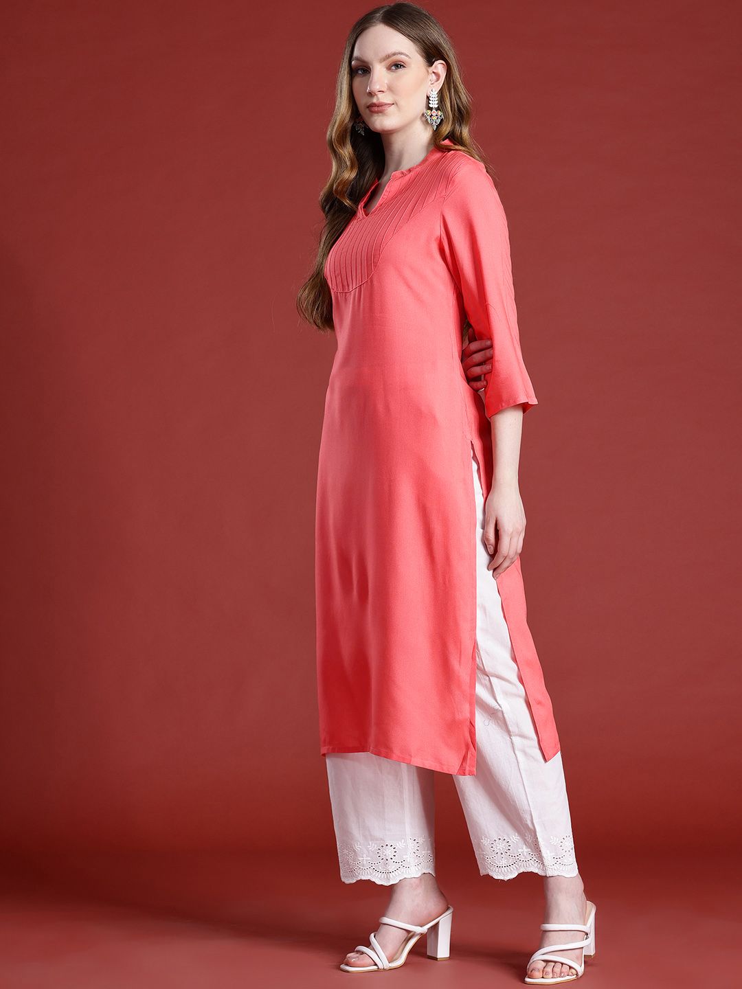 Anouk Self-Striped Band Collar Calf Length Straight Kurta