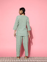 SANSKRUTIHOMES Women Green & White Printed Pure Cotton Top With Trousers