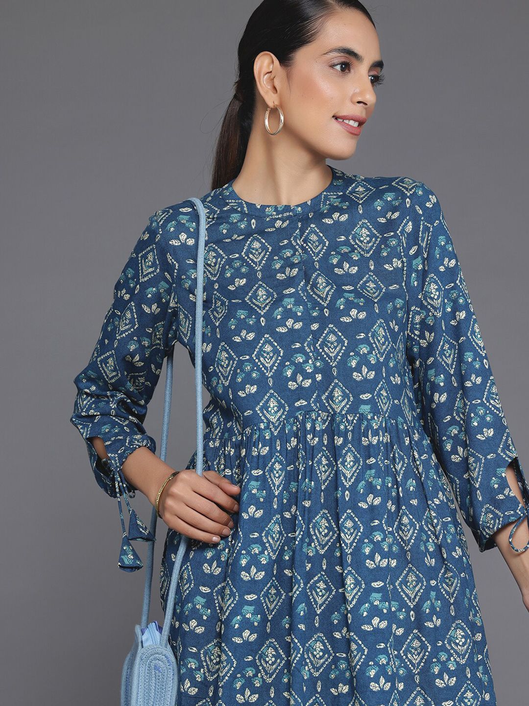 Libas Ethnic Motifs Printed Mandarin Collar Tie Up A-Line Kurti