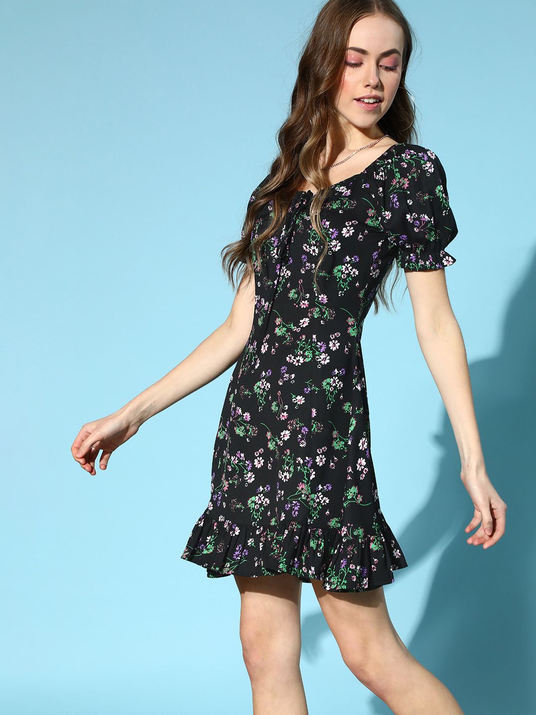 Berrylush Women Stylish Black Floral Tiered Dress