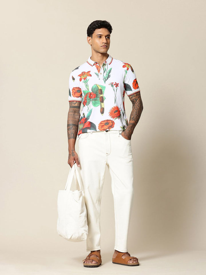 Mr Bowerbird Floral Printed Polo Collar Tailored Fit Pure Cotton T-shirt