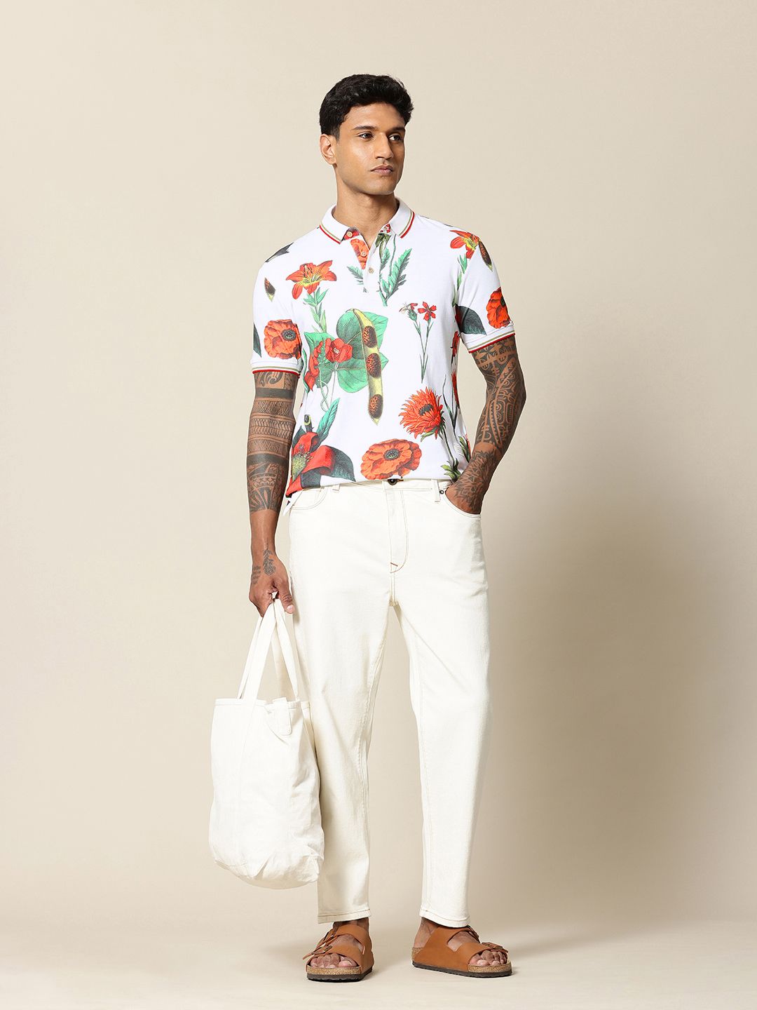 Mr Bowerbird Floral Printed Polo Collar Tailored Fit Pure Cotton T-shirt
