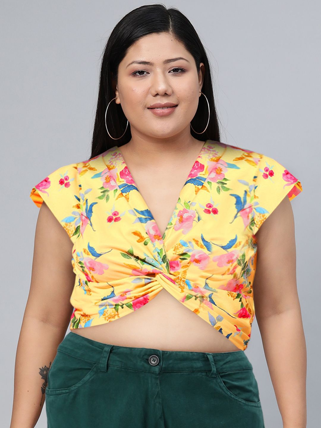 SASSAFRAS Women Bright Yellow Floral Twist and Knot Top