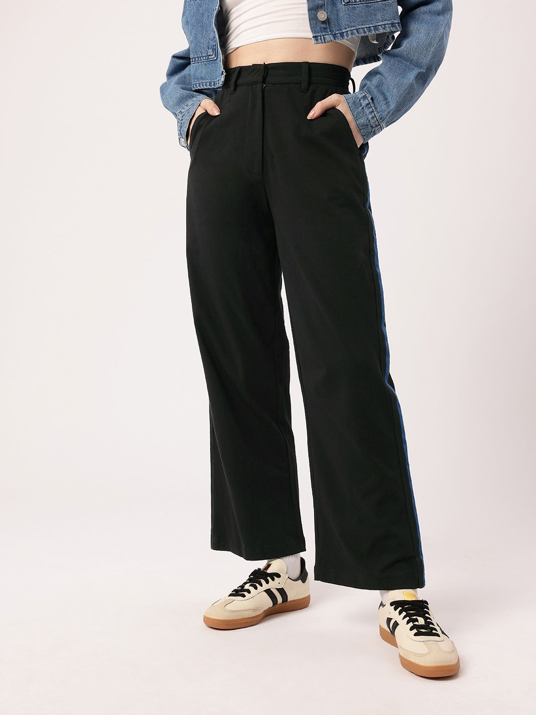 Women Korean Urban Street Shadows Side Stripes Regular Trousers