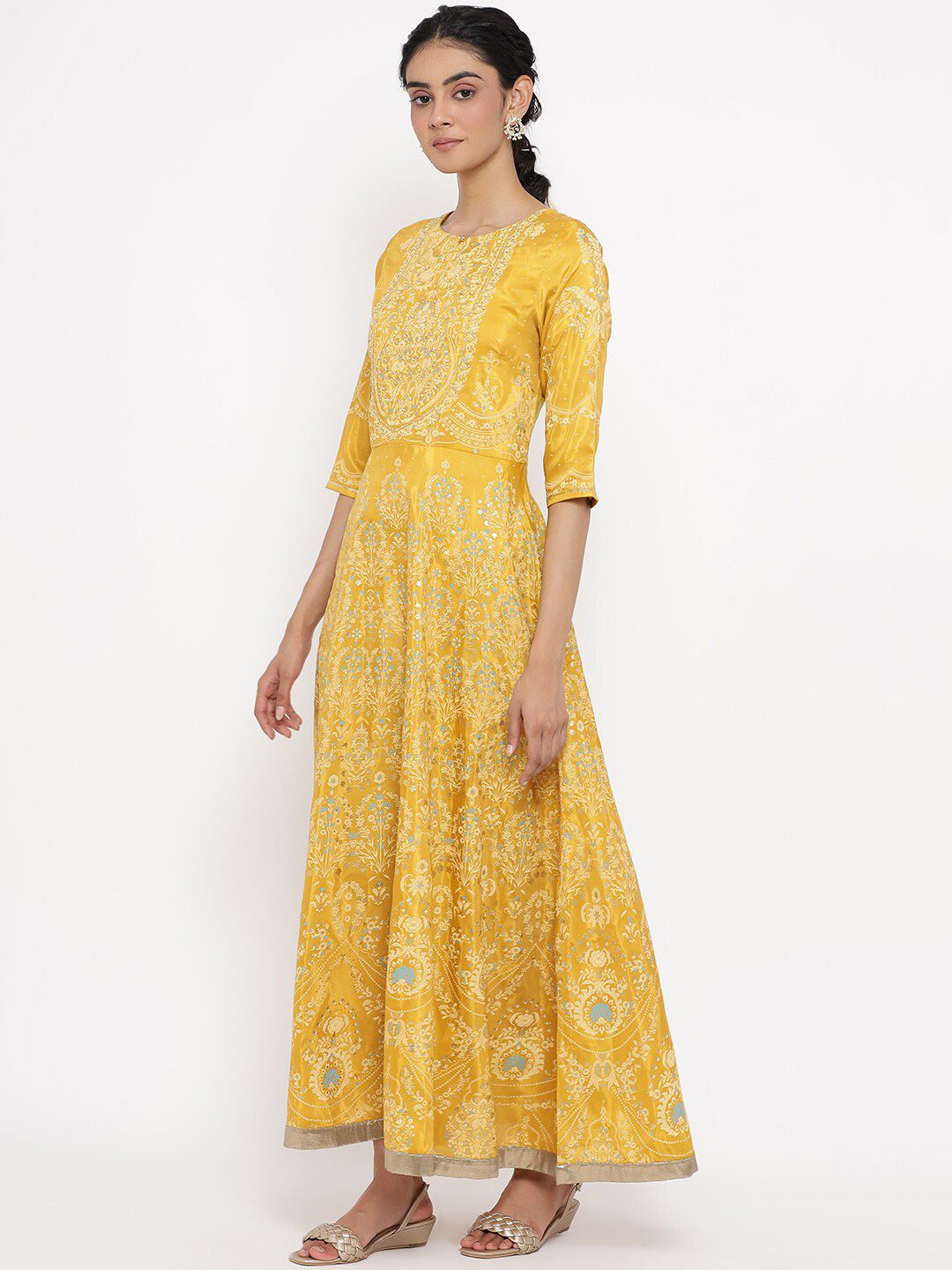 W Women Yellow Floral Printed Keyhole Neck Maxi Dress