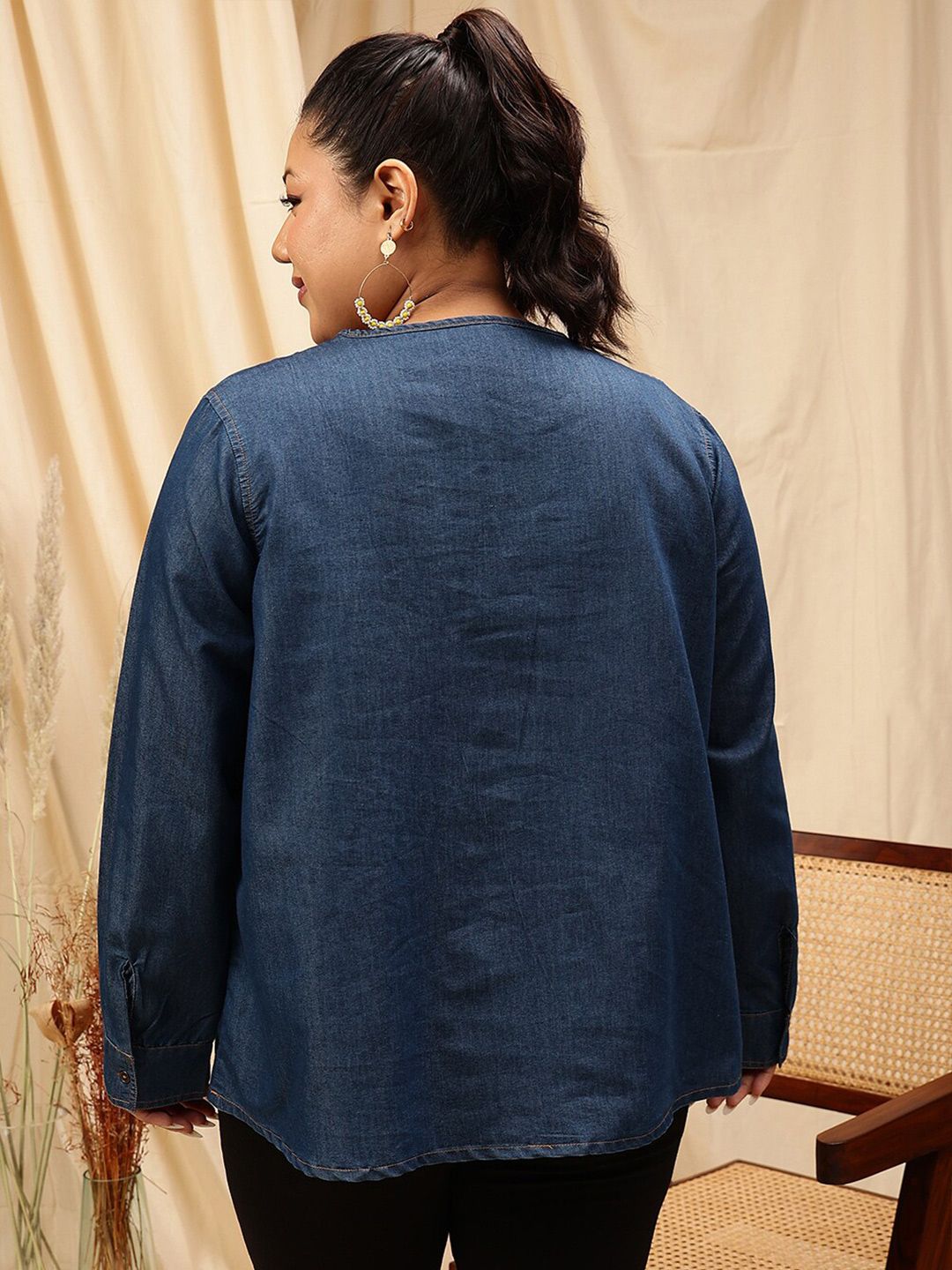 CURVY STREET Plus Size V-Neck Cotton Denim Top