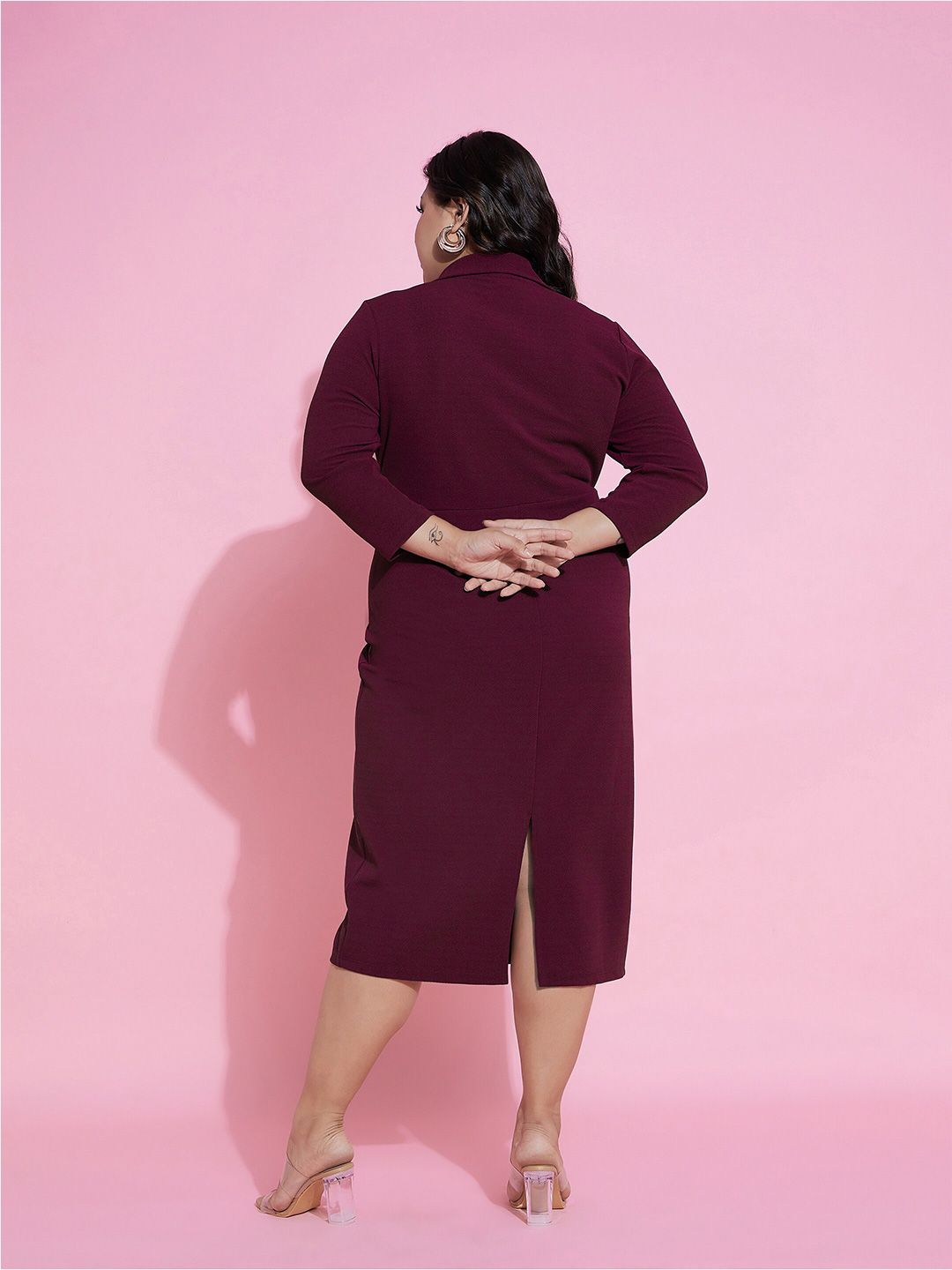 SASSAFRAS Curve Plus Size Shirt Collar Wrap Midi Dress