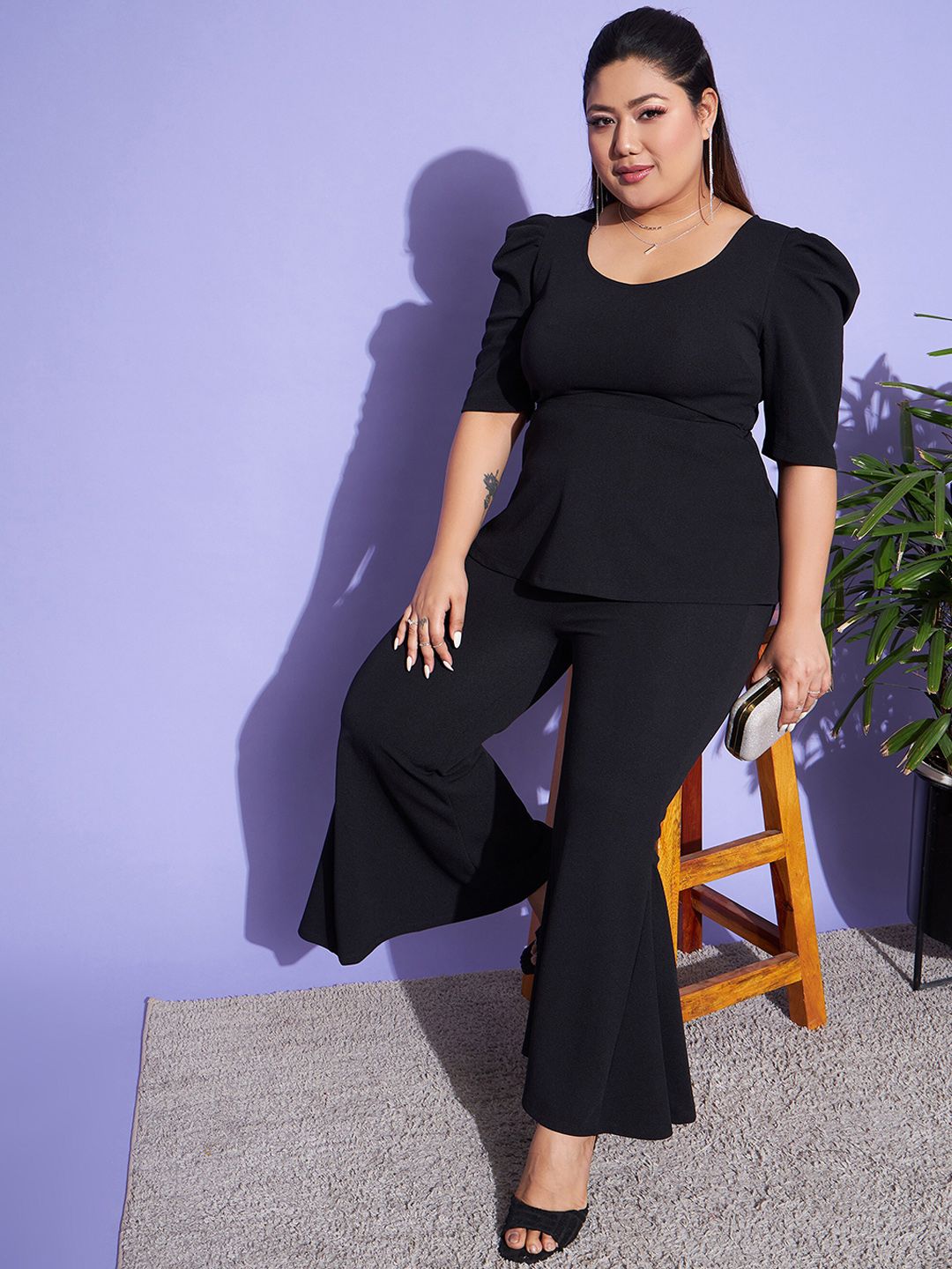 SASSAFRAS Curve Women Black Peplum Top With Pleat Trouser