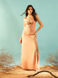Berrylush Pink Crepe Sweetheart Neck Flared Sleeves Opaque Maxi Dress