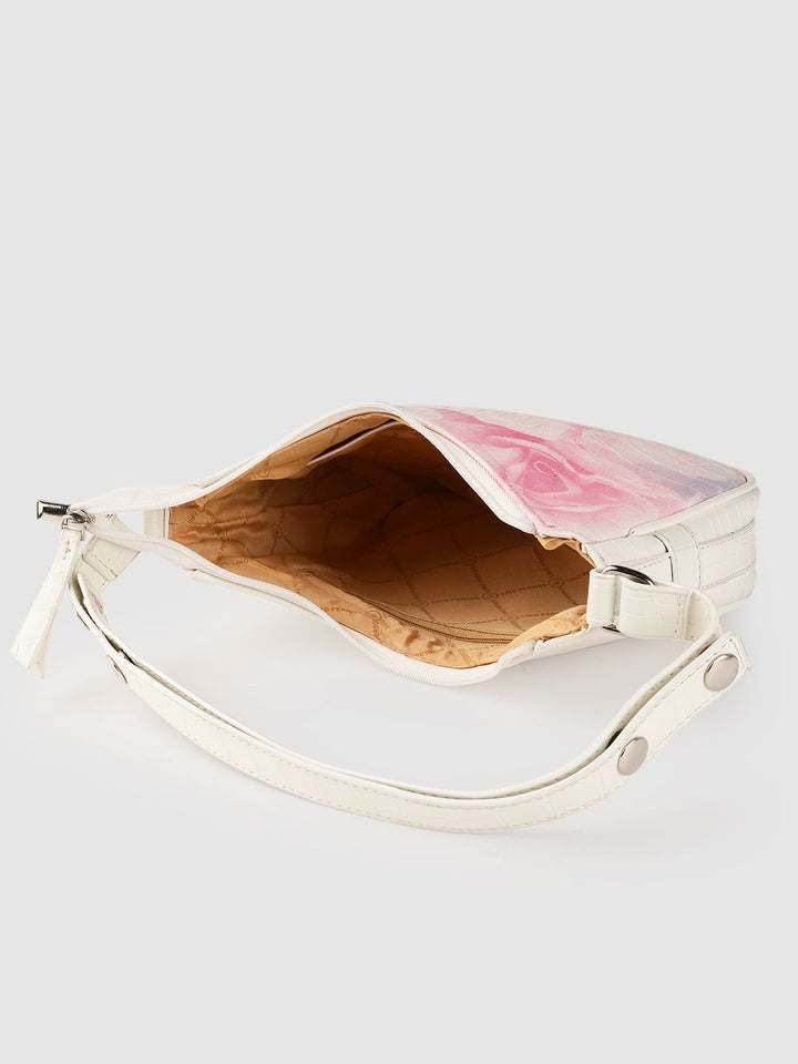 Lino Perros Women Off-White & Pink Floral Printed Croc Textured Structured Baguette Bag
