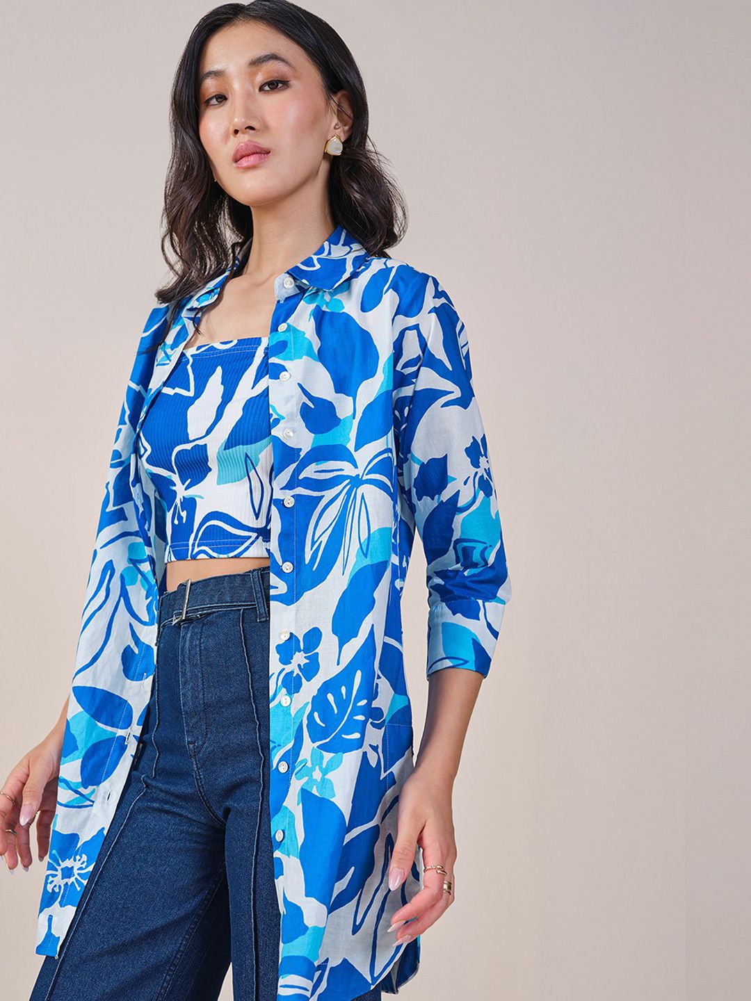 AND Floral Print Cotton Shirt Style Longline Cotton Top