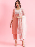 KALINI Floral Yoke Design Straight Thread Work Kurta with Trousers & Dupatta