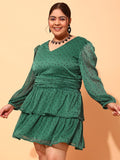 CURVY STREET Plus Size Green & Black Polka Dot Printed Puff Sleeves Fit & Flare Dress