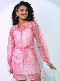 Tokyo Talkies Pink Floral Printed Organza Shirt Dress With Belt
