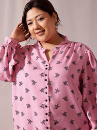 CURVY STREET Plus Size Comfort Floral Printed Mandarin Collar Casual Shirt