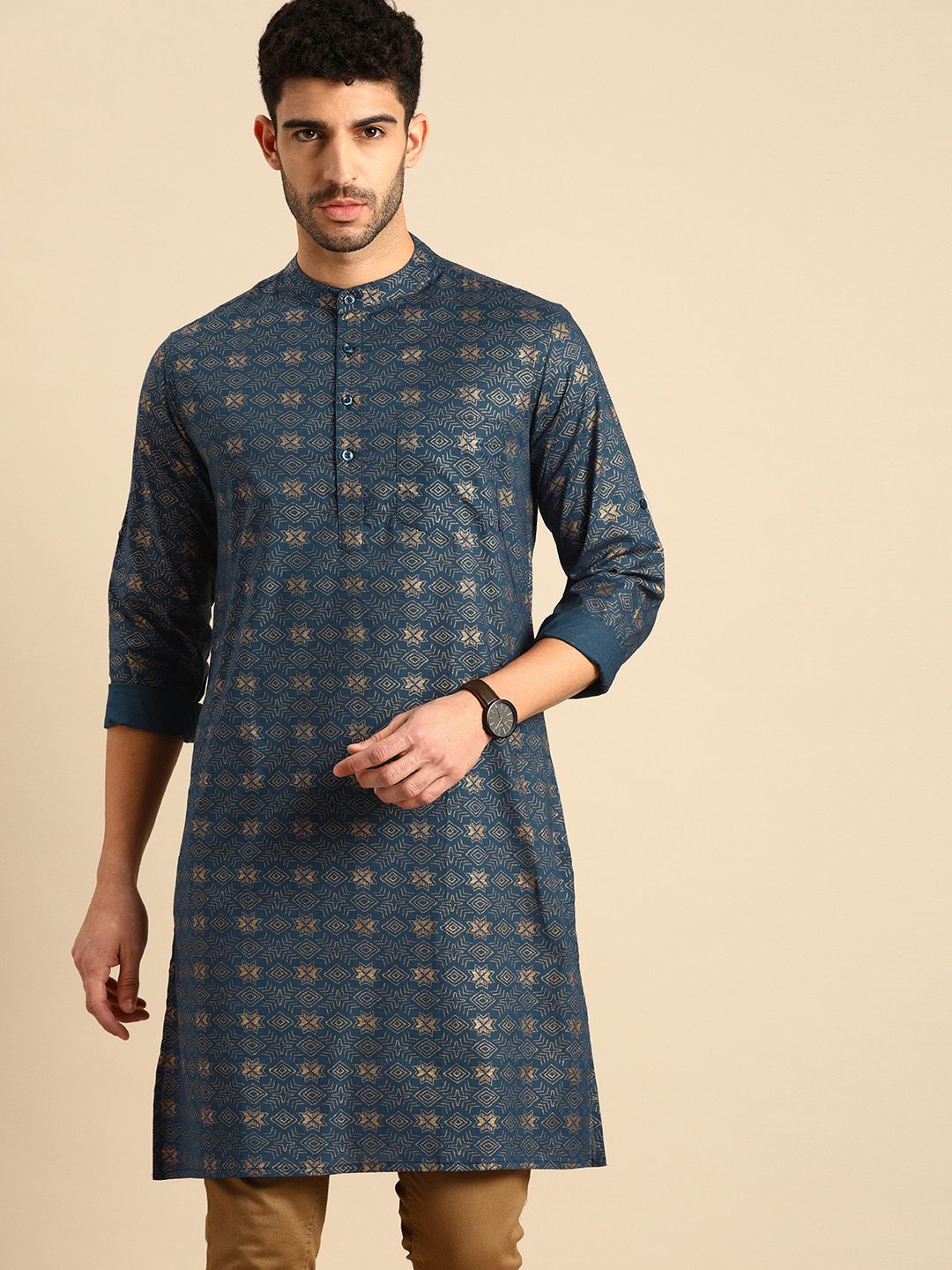 Anouk Men Navy Blue & Gold-Toned Printed Kurta