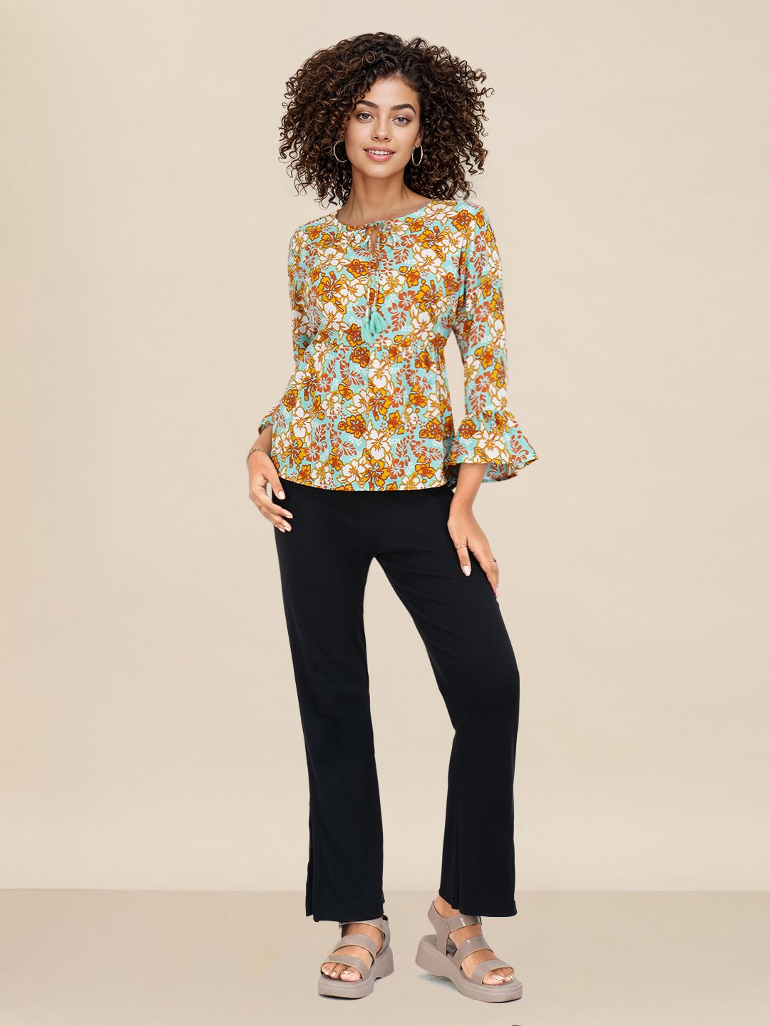 DressBerry Floral Print Bell Sleeve A-Line Top