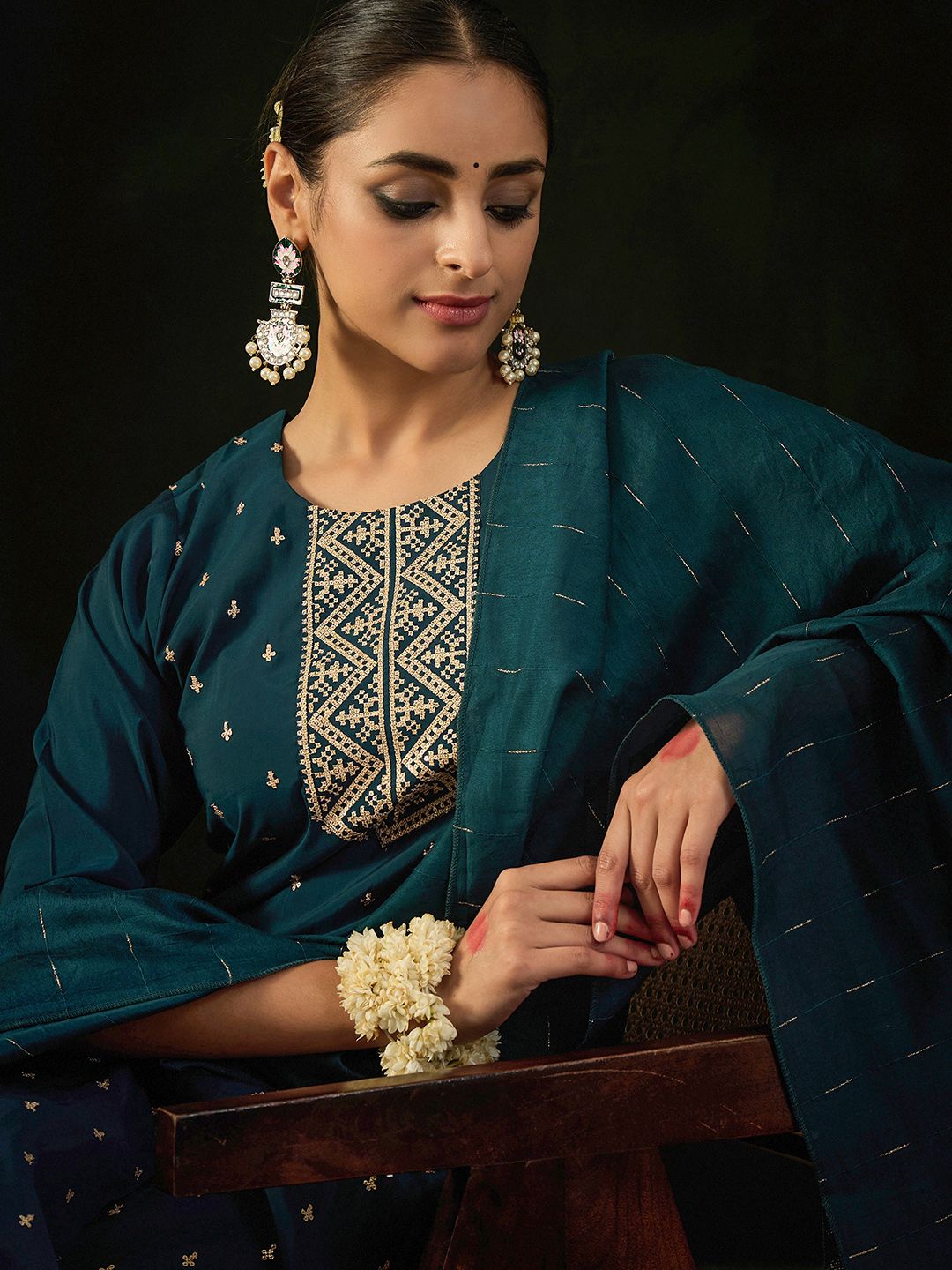 Indo Era Round Neck Embroidered Sequinned Chanderi Silk Kurta with Trouser & Dupatta