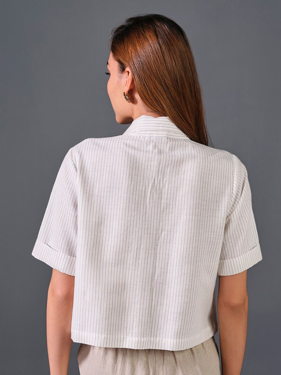 AND Striped Pure Cotton Shirt Style Crop Top