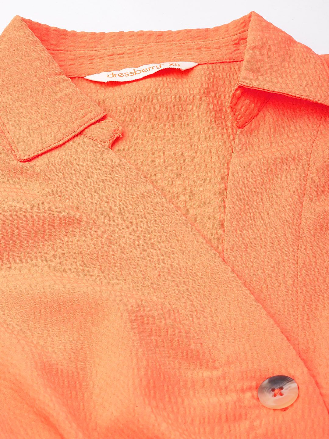 DressBerry Tangerine Pleated Seersucker Shirt Style Dress