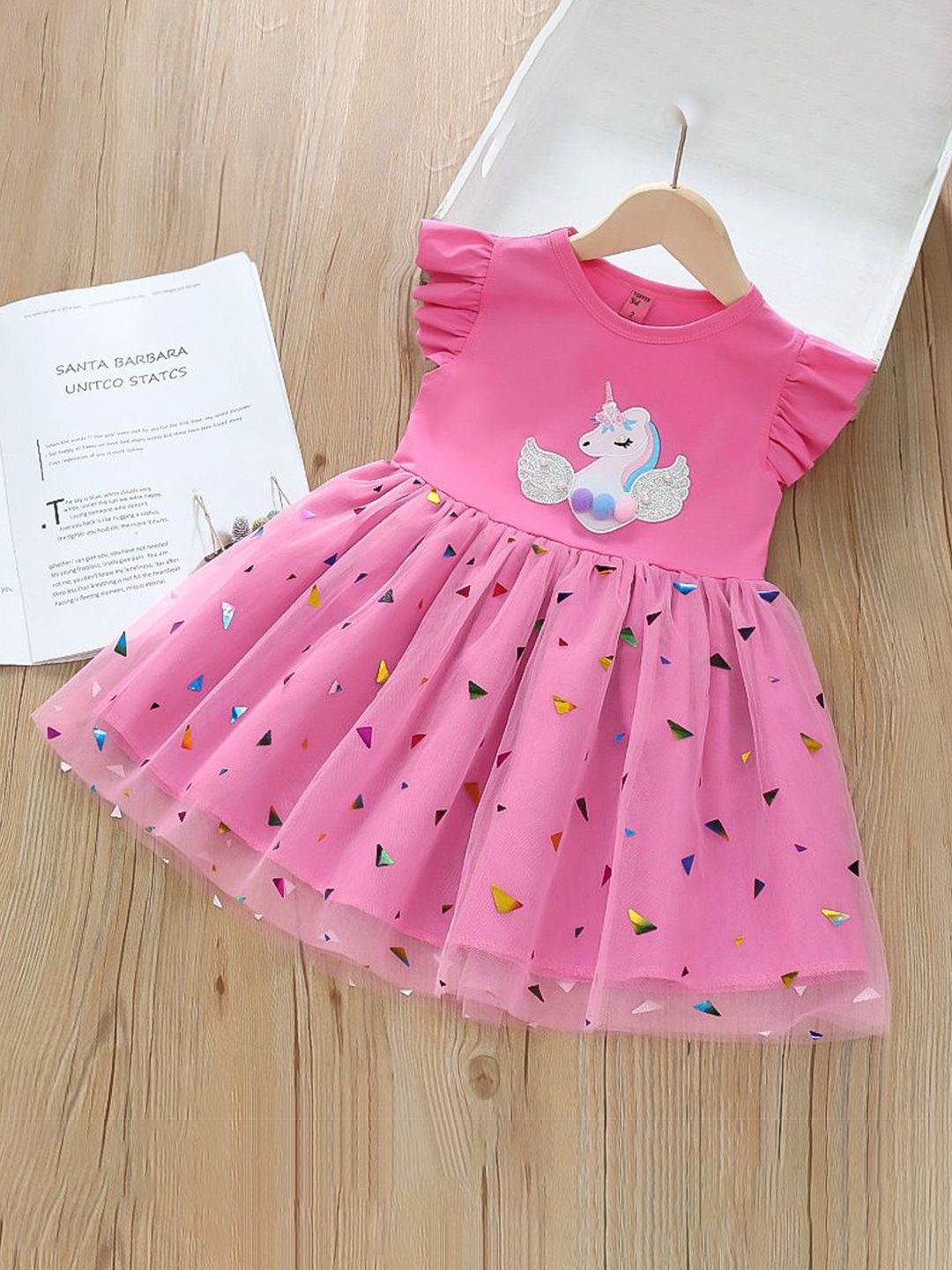 YK Girls Self Design Flutter Sleeves Fit & Flare Dress